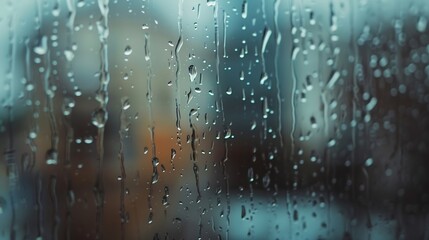 Poster - Selective Focus Water droplets on the glass on a rainy day rain drops during raining in rainy day outside window glass with blurred background : Generative AI
