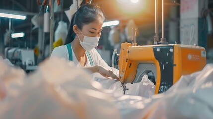 Aufkleber - Female worker operating sewing machine for plastic bags production : Generative AI