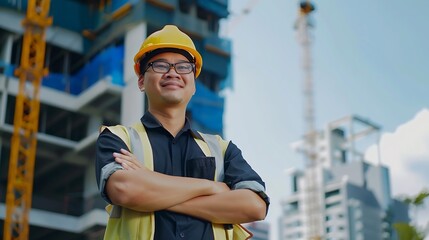 Aufkleber - Happy asian man architect and portrait in city for construction installation or inspection on rooftop Male person engineer or contractor smile for architecture career building or maint : Generative AI
