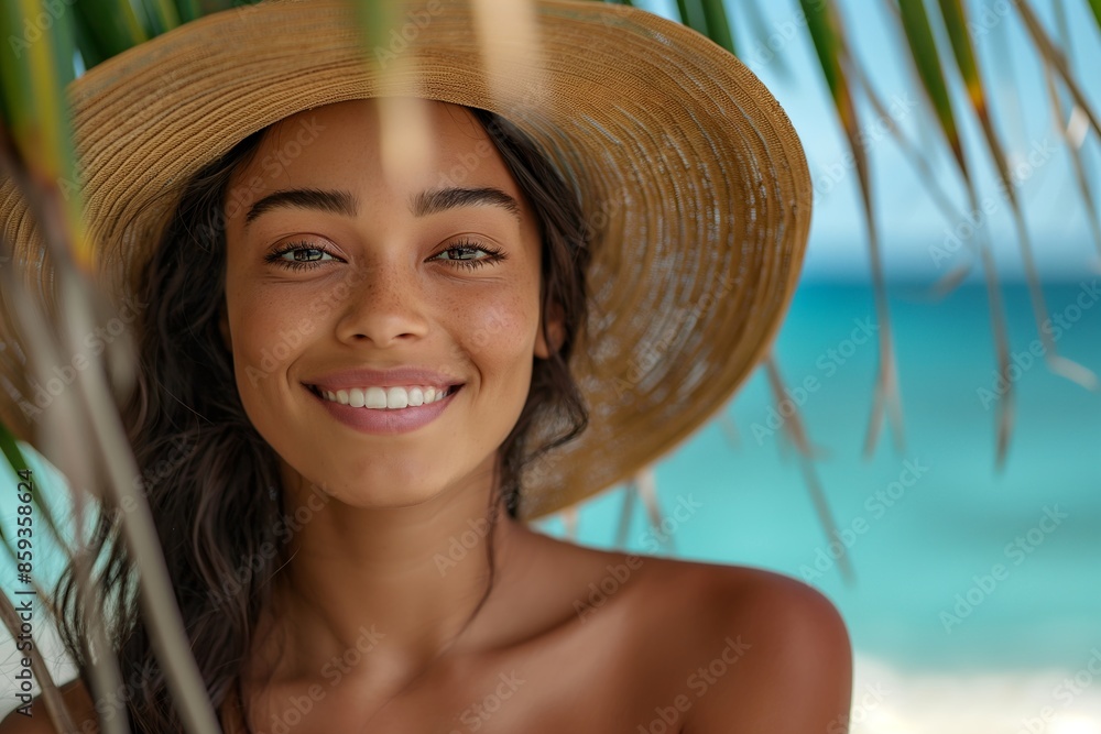 Portrait of a beautiful young woman in a straw hat smiling at the ...