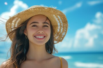 Wall Mural - Portrait of a beautiful young woman in a straw hat smiling at the camera on a tropical beach, with a blue sky and white sand background. Summer vacation concept.