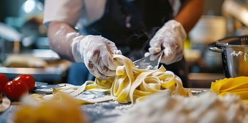 Wall Mural - Close up man's hands making homemade pasta on a black background