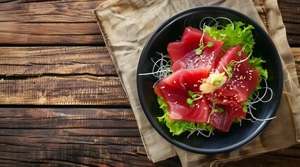 Wall Mural - Tuna sashimi with salad served in dish isolated on napkin side view on wooden background of Japanese food : Generative AI