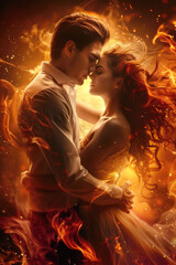 Wall Mural - A handsome man passionately kisses a beautiful woman against the backdrop of fire. Love book cover, romance novel illustration.