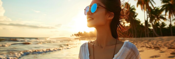 A side profile photo of an elegant Asian woman in holographic sunglasses and light linen clothing walking along a beach at sunset