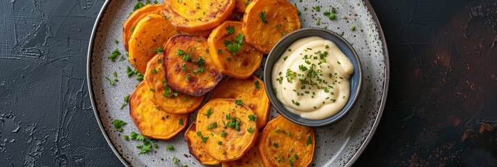 Wall Mural - An overhead view of a plate of sweet potato hashbrowns, served with a side of creamy dip. The hashbrowns are crispy and golden brown, and the dip is smooth and creamy