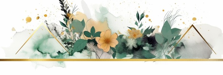Wall Mural - Abstract luxury floral watercolor banner with elegance element and splashes. Golden line with green and gold flower decorated and line arrangement with white background. Elegant design concept. AIG35.