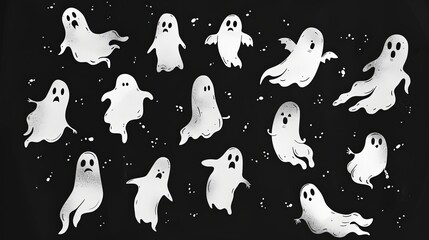 Wall Mural - A minimalistic and playful hand-drawn illustration of small white ghosts on a grey background.