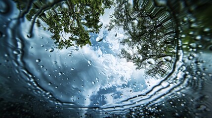 Aufkleber - View from under the water to the sky and rain Drops fall on the surface of the water create water circles Gray clouds and blue sky are visible Dark green highlights of trees An unusual : Generative AI