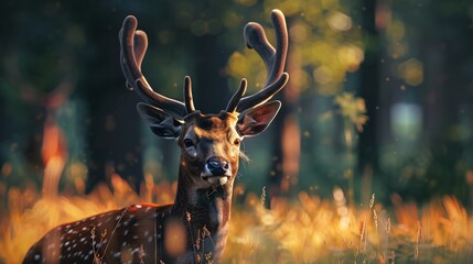 Male deer exploring the woodland