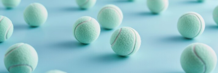 Wall Mural - a close-up of pastel green tennis balls scattered elegantly on a smooth pastel blue surface