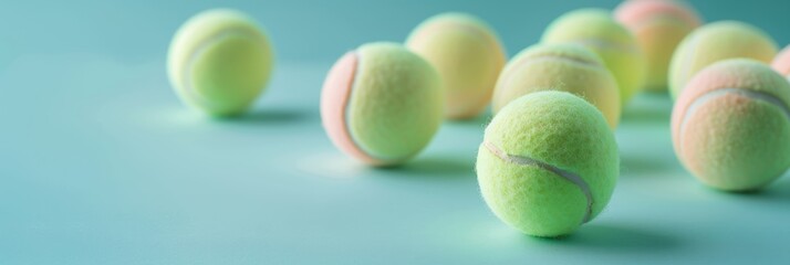 Wall Mural - close-up photo of pastel tennis balls arranged on a light blue background. the image captures a mini