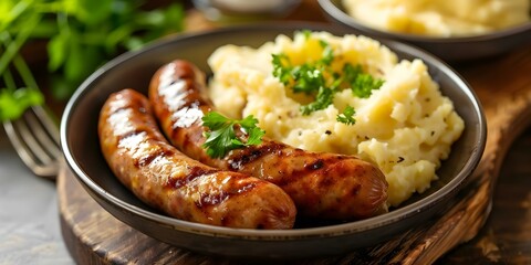 Sticker - Comforting Classic British Dish Grilled Sausages with Creamy Mashed Potatoes. Concept British Cuisine, Grilled Sausages, Creamy Mashed Potatoes, Classic Dish, Comforting Meal