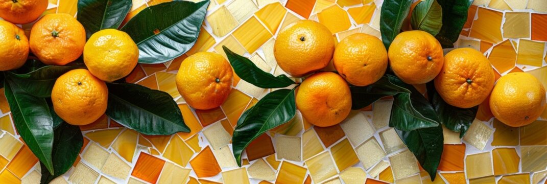 A closeup photo of fresh oranges with green leaves arranged on a vibrant yellow and white mosaic background. The oranges are in focus, and the mosaic tiles create a textured backdrop