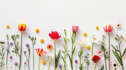 Wall Mural - colorful spring flower inflorescences on white paper background with space for text