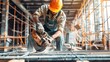 © The Little Hut - Mature construction worker cutting metal with circular hand saw : Generative AI