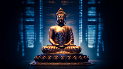 Poster - A statue of Buddha sits on a lotus flower in front of a mountain range.