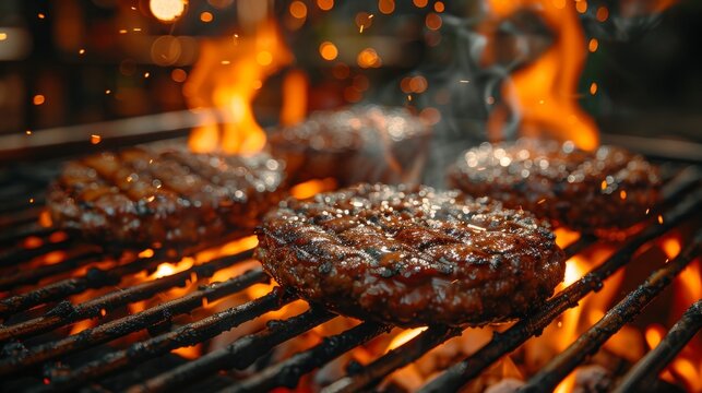 A close-up view of delicious and juicy burgers sizzling on a flaming barbecue grill, capturing the essence of a grilling session with fire and flavor in full display.
