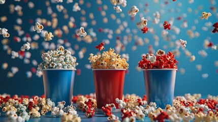 Wall Mural - Golden paper cups with red, blue, and white popcorn
