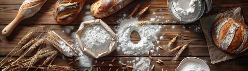 Freshly baked bread and wheat on a rustic wooden table with scattered flour, showcasing artisanal baking ingredients and tools.