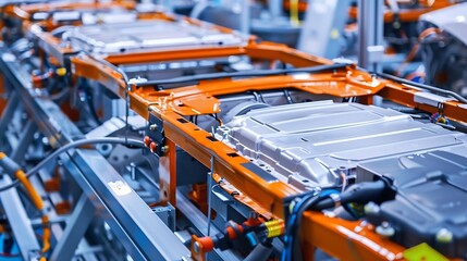 EV Production Line on Advanced Automated Smart Factory High Performance Electric Car Manufacturing Car Batteries being Attached to Electric Vehicles on Assembly line AGV Transport Batt : Generative AI