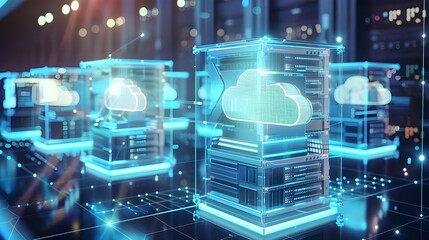 Wall Mural - futuristic data center server racks digital holographic cloud computing icons data storage, high-tec