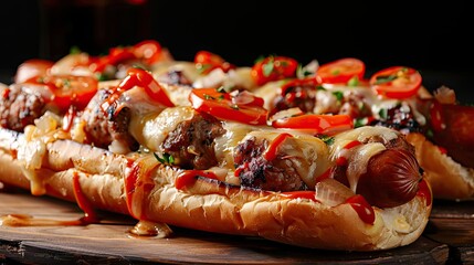 Wall Mural - Delicious gourmet hotdogs topped with melted cheese, cherry tomatoes, and onions, perfect for a summer barbecue or casual meal.