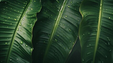 Wall Mural - Rain drops on banana leaves are naturally beautiful Rain drops that look moisturizing : Generative AI