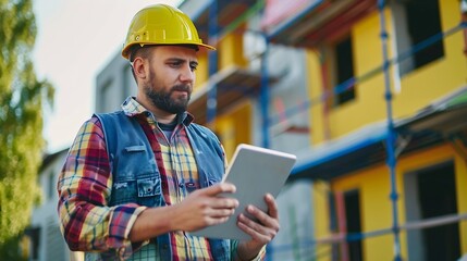 Aufkleber - Construction worker tablet and portrait of man with research and digital data for solar panel installation Happy engineer and male contractor with eco and energy project with tech and  : Generative AI