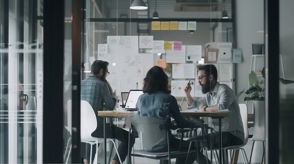 group of ux developer and ui designer brainstorming about app interface design at modern office crea