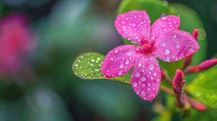 Wall Mural - Small pink flower with rain drops Close up soft and selective focus Cotton leaved Jatropha Peregrina Spicy Jatropha : Generative AI