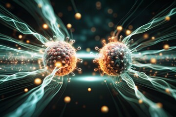  two or more cells communicating via chemical signals, with glowing molecules