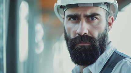 Fototapete - Closeup portrait of bearded man in protective helmet Serious mechanical worker foreman or repairman in construction hard hat Male builder architect or engineer in white hardhat and saf : Generative AI