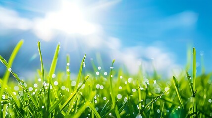 Aufkleber - Beautiful fresh wet green grass against blue sky background Spring beauty and purity of environment and nature Large rain drops of dew sparkling in the sun on lawn grass : Generative AI