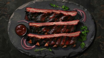 Wall Mural - Delicious barbecue ribs served on a black plate with sauce and garnished with parsley and onion slices.
