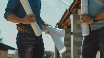 Aufkleber - American builders holding blueprints ready to work on site : Generative AI