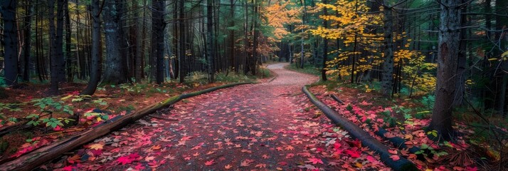 Wall Mural - A scenic hiking trail winds through a colorful autumn forest, with fallen leaves covering the ground