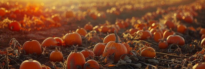 A close-up photo showcasing a vibrant pumpkin patch during golden hour with rows of pumpkins, perfect for fall festivities