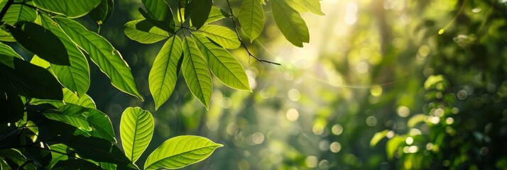 Wall Mural - A close-up photograph of sunlight filtering through the leaves of trees in a dense forest, creating a soft, warm glow