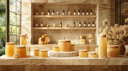 Wall Mural - Honeycomb and Jars on Marble Podium