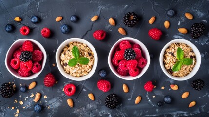 Wall Mural - Colorful assortment of berries and granola bowls on dark background