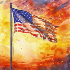 A painting of the American flag with a yellow background. The flag is waving in the wind. The painting conveys a sense of patriotism and freedom