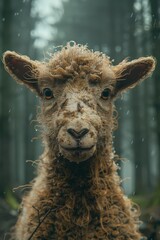 portrait of a wet and curly-haired sheep in a foggy forest, showcasing the anima detailed facial fea