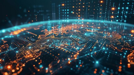 Wall Mural - futuristic digital world map with glowing network connections. conceptualizes global communication a