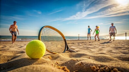 beach tennis match with the ball in the foreground in wide angle AI Generative