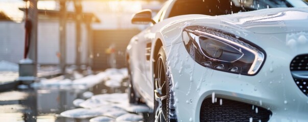 Wall Mural - Modern white luxury sport  car in a car wash with foam, transport concept banner. Generative AI.