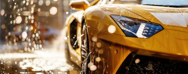 Wall Mural - Modern yellow luxury sport  car in a car wash with foam, transport concept banner. Generative AI.