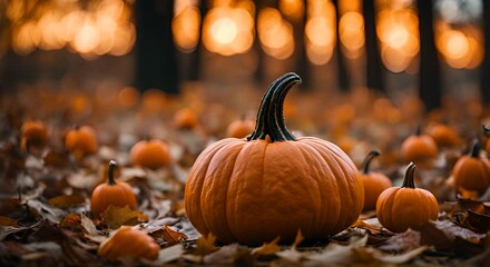 large orange pumpkin sits in the center of a pumpkin patch with other pumpkins surrounding it at sun