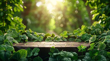 Wall Mural - Sunlit Wooden Platform with Green Leaves