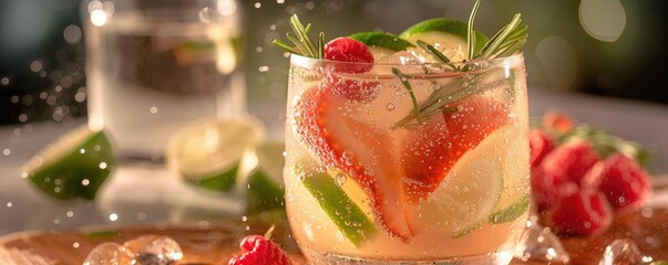 Wall Mural - Refreshing summer cocktail with ice, strawberries, lime slices, mint, and sprigs of rosemary in a glass, perfect for a hot day.